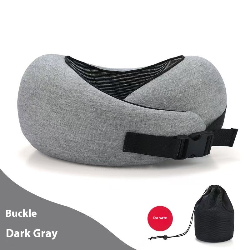 Memory foam travel neck pillow in dark grey with drawstring pouch