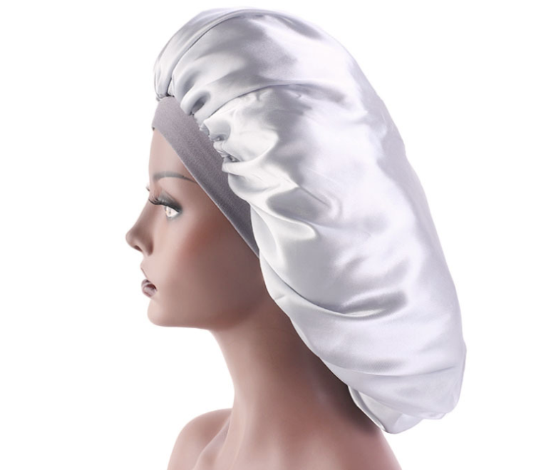 Satin sleep bonnet worn