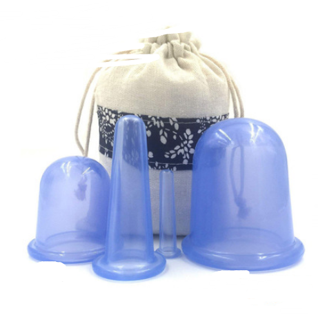 Blue silicone cupping set with drawstring storage bag