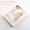 Rose quartz facial roller and heart-shaped gua sha stone in gift box