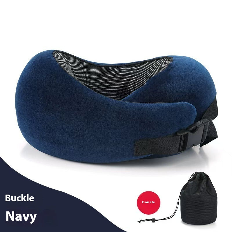 Travel neck pillow shown in use for resting on the go